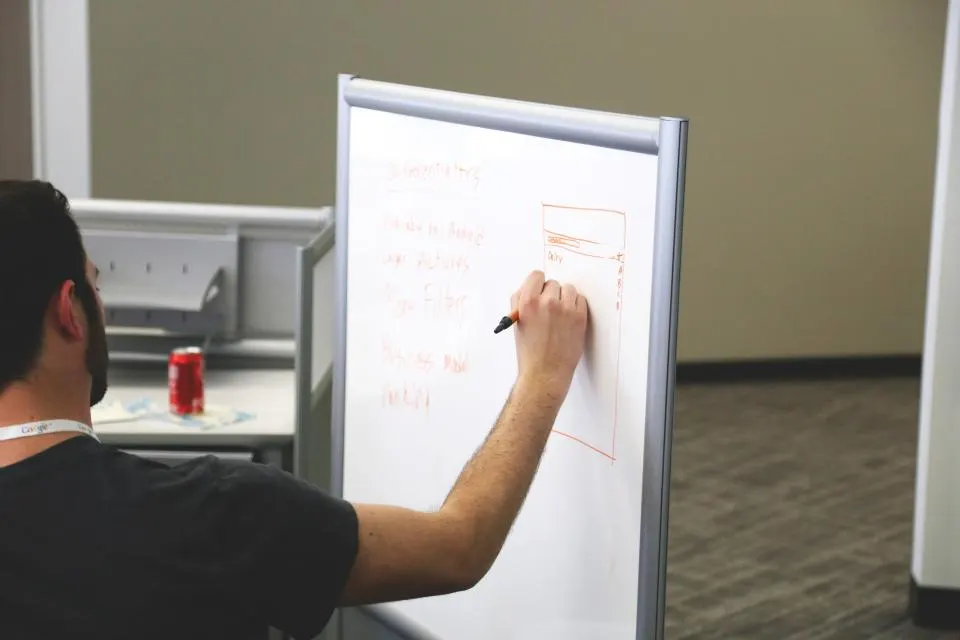 Ein Mann skizziert einen Ablauf auf einem Whiteboard